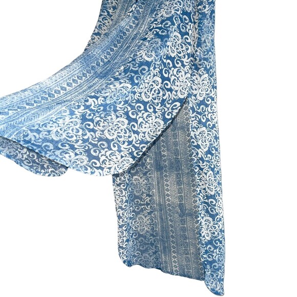 Knox Rose Boho Sheer Tunic Top Size M Popover Long Line High Low Hem Blue Cream - Picture 4 of 13